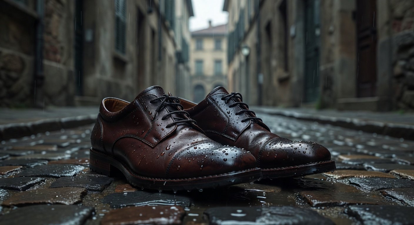 Chaussures en cuir mouillées par une averse